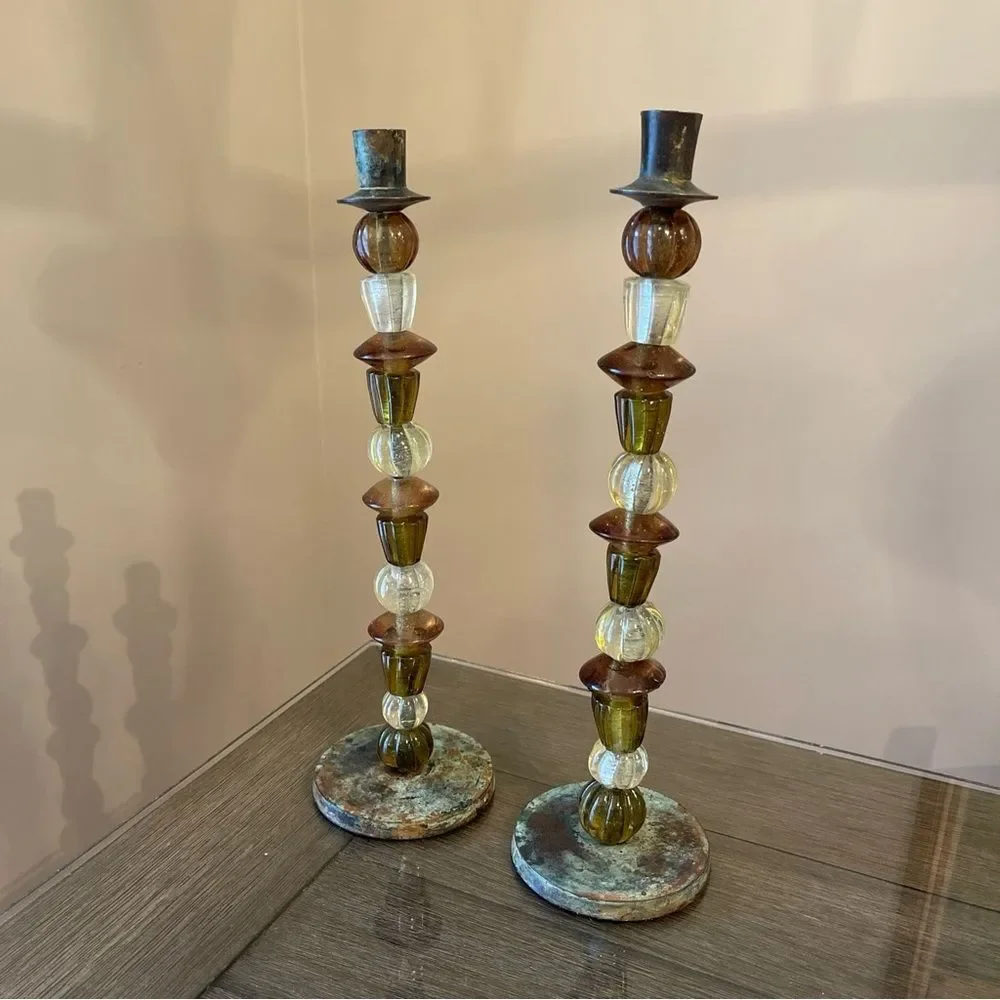 Zodax Candle Stick Holder Set of Green and Amber Glass Beads Bohemian